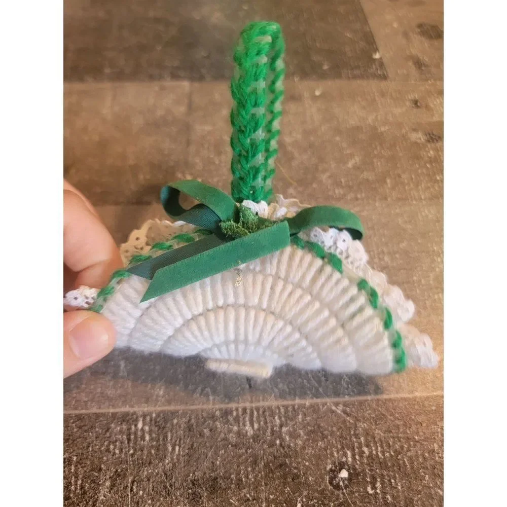 Crochet white green handmade mistletoe basket ornament Xmas Decor knit